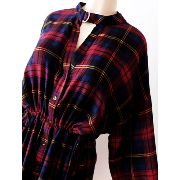 Plaid Checker Drawstring Oversize Cute Shirt Dress - Picture 5 of 8